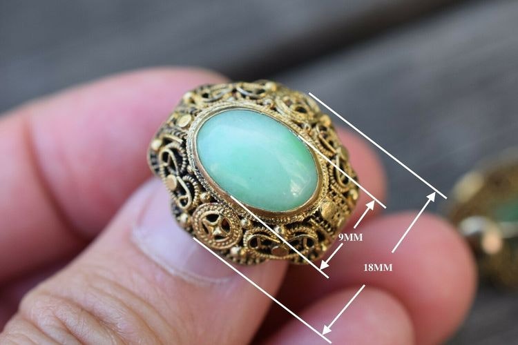 A set of Antique chinese filigree handmade gilded silver with Jade 50's brooch+ring +earings