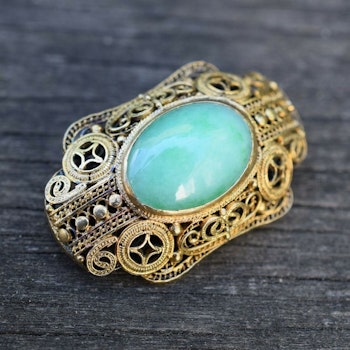 A set of Antique chinese filigree handmade gilded silver with Jade 50's brooch+ring +earings