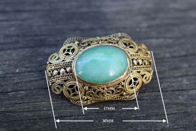 A set of Antique chinese filigree handmade gilded silver with Jade 50's brooch+ring +earings