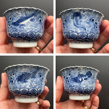 Antique Chinese Teacup & Saucer in underglazed blue & white, Late Qing #886, 887