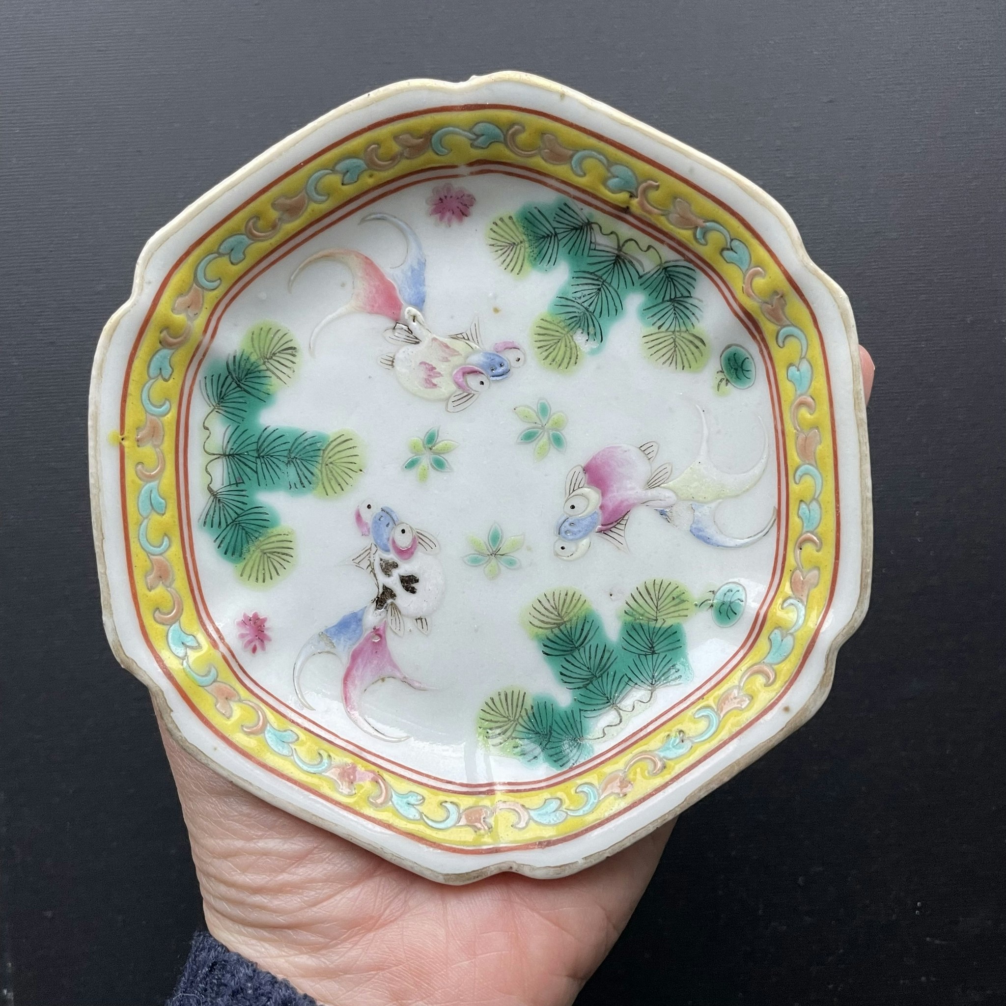 Antique Chinese dish on foot altar bowl goldfish Late Qing #902
