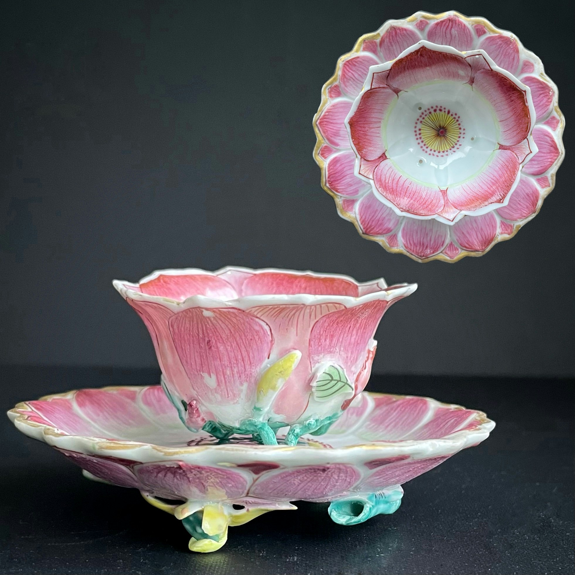 Antique Chinese Porcelain Lotus teacup and saucer Yongzheng Period 18th c #913
