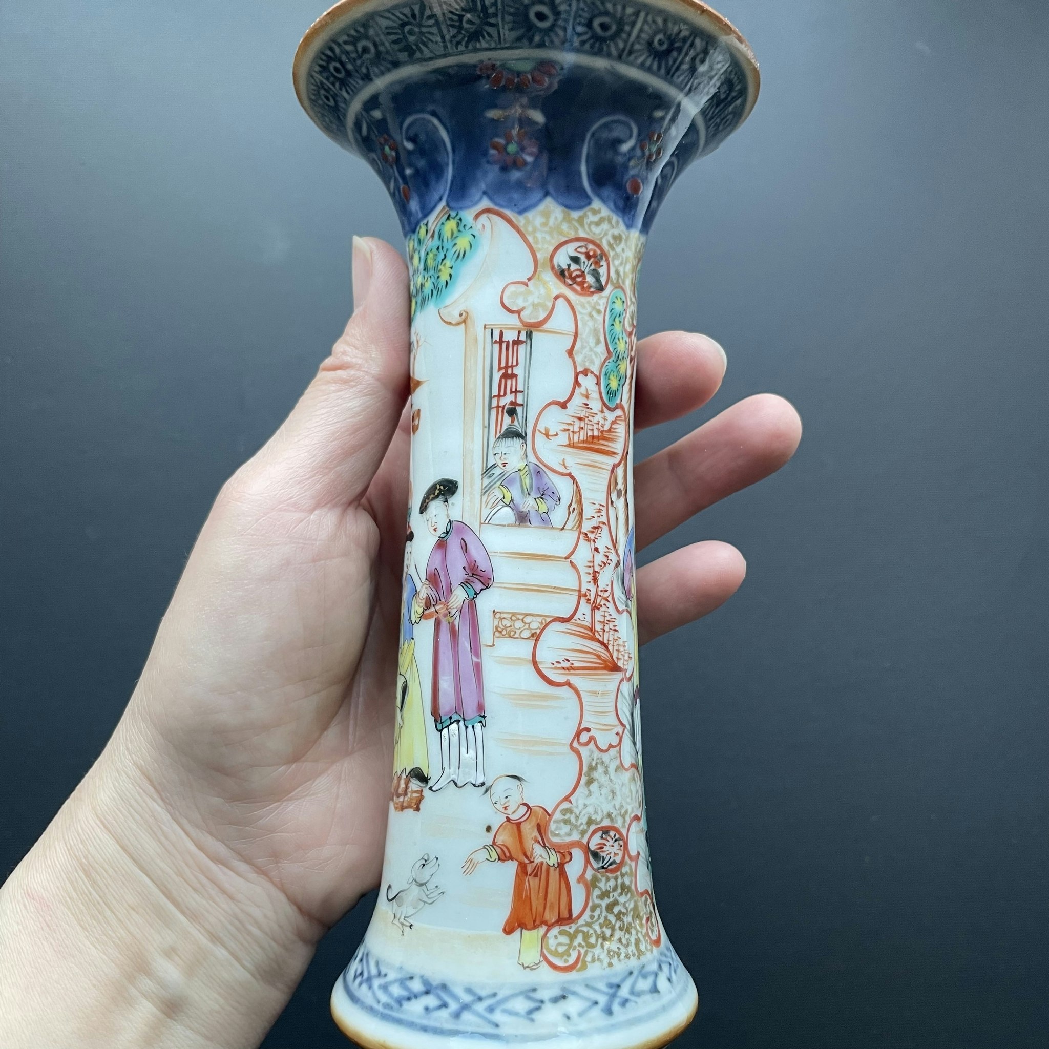 Antique Chinese rose mandarin trumpet vase / Gu vase early 18th C  #937