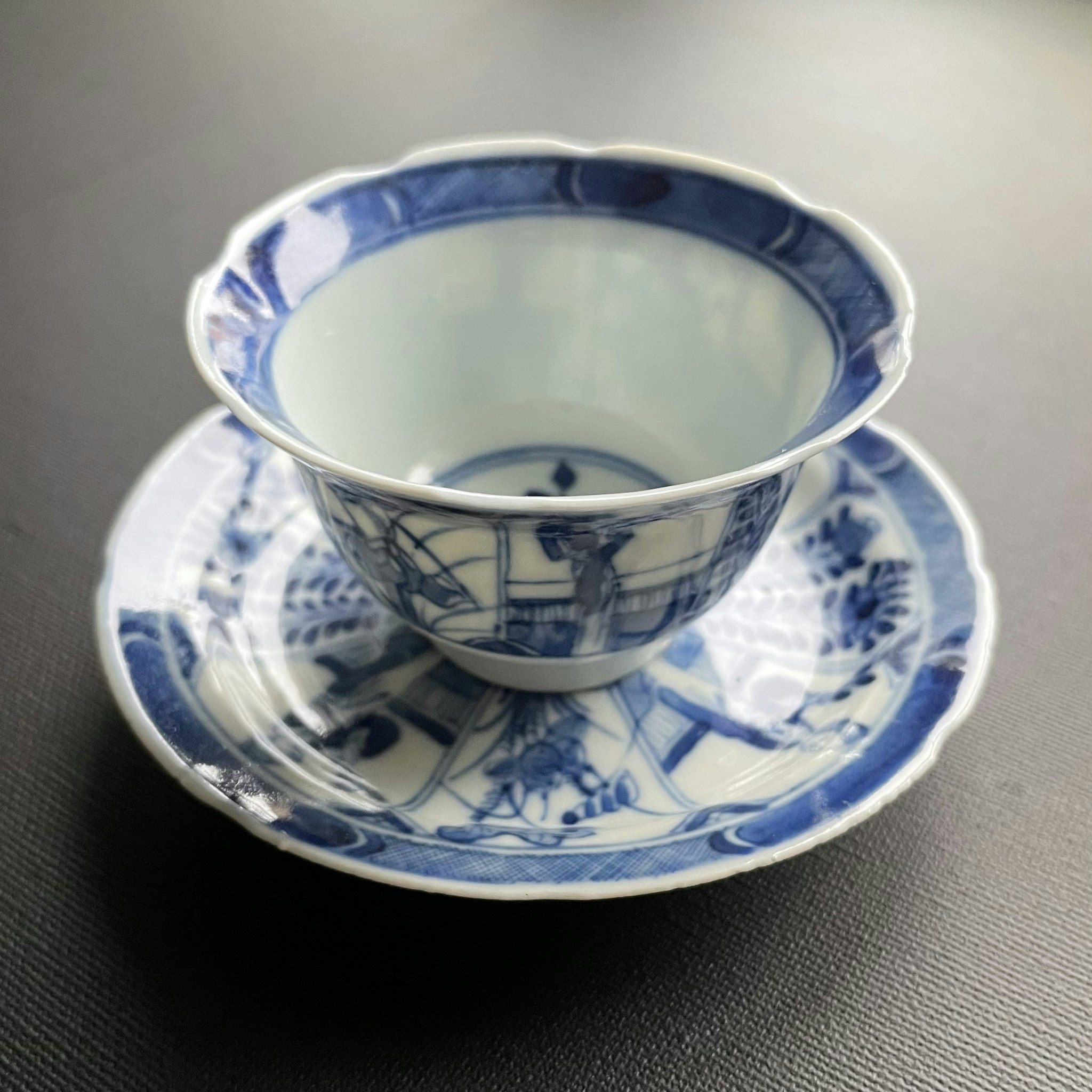 Antique Chinese Teacup & Saucer in underglazed blue & white, Late Qing #973, 975