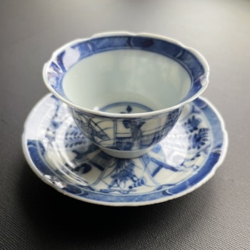 Antique Chinese Teacup & Saucer in underglazed blue & white, Late Qing #973, 975