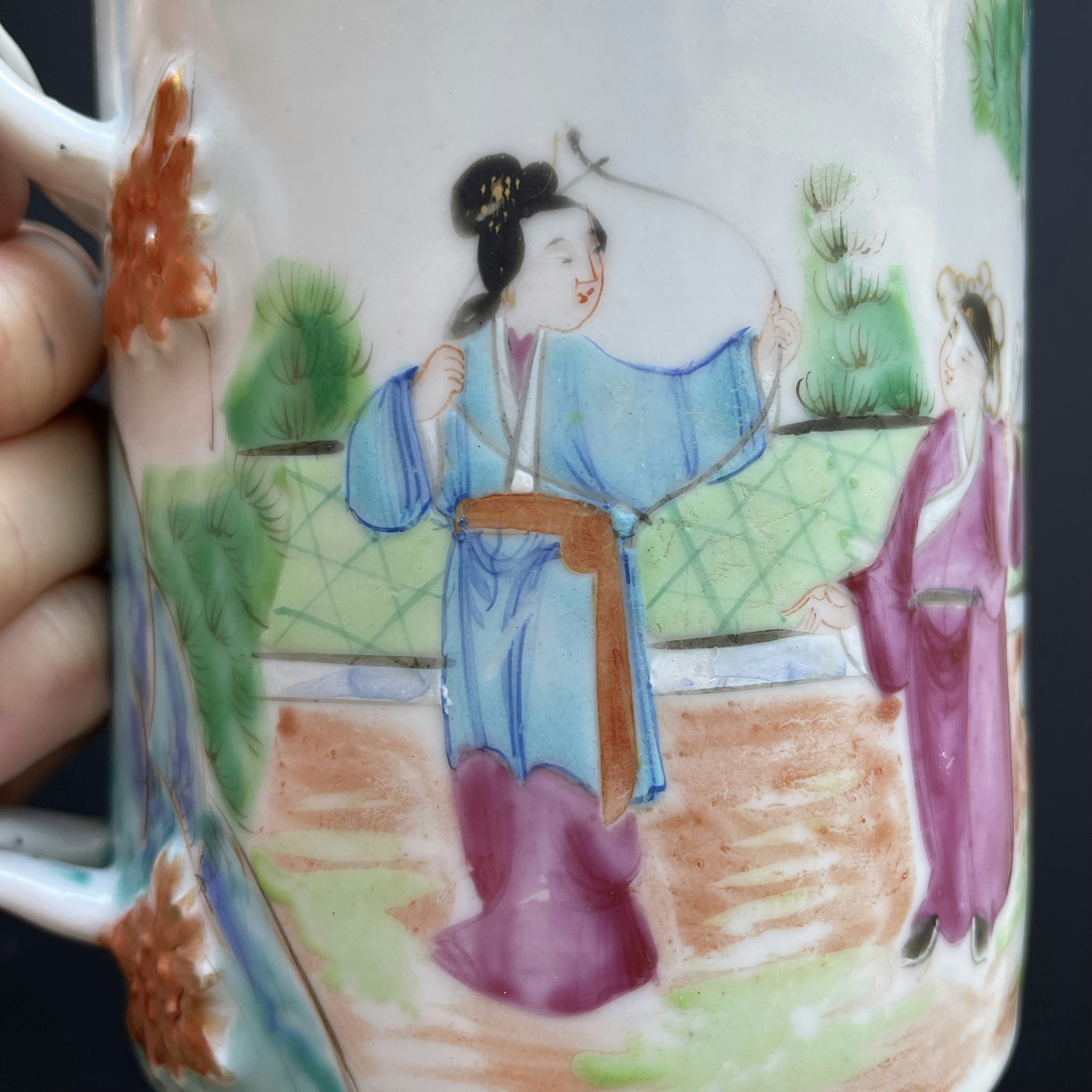 Antique Chinese Rose Mandarin Export Porcelain Tankard / Jug 19th Century #992