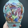 Antique Chinese rose mandarin vase with turquoise chicken skin ground #993