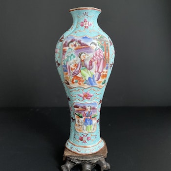 Antique Chinese rose mandarin vase with turquoise chicken skin ground #993