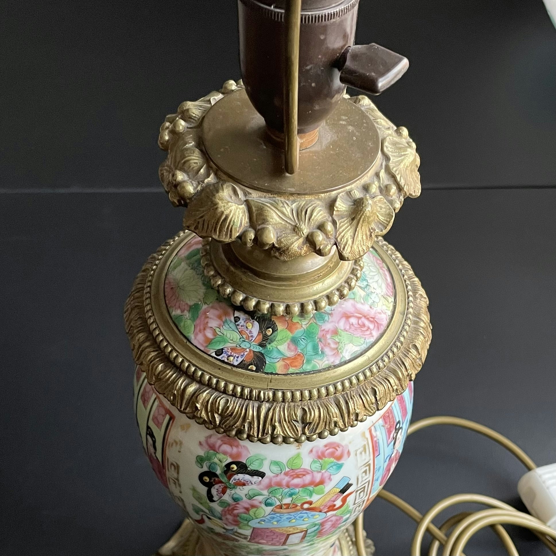 Antique Chinese bronze mounted rose mandarin vase Lamp 19th century #1006