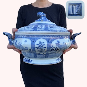 Chinese antique underglazed blue and white Tureen, Qianlong Period #1033