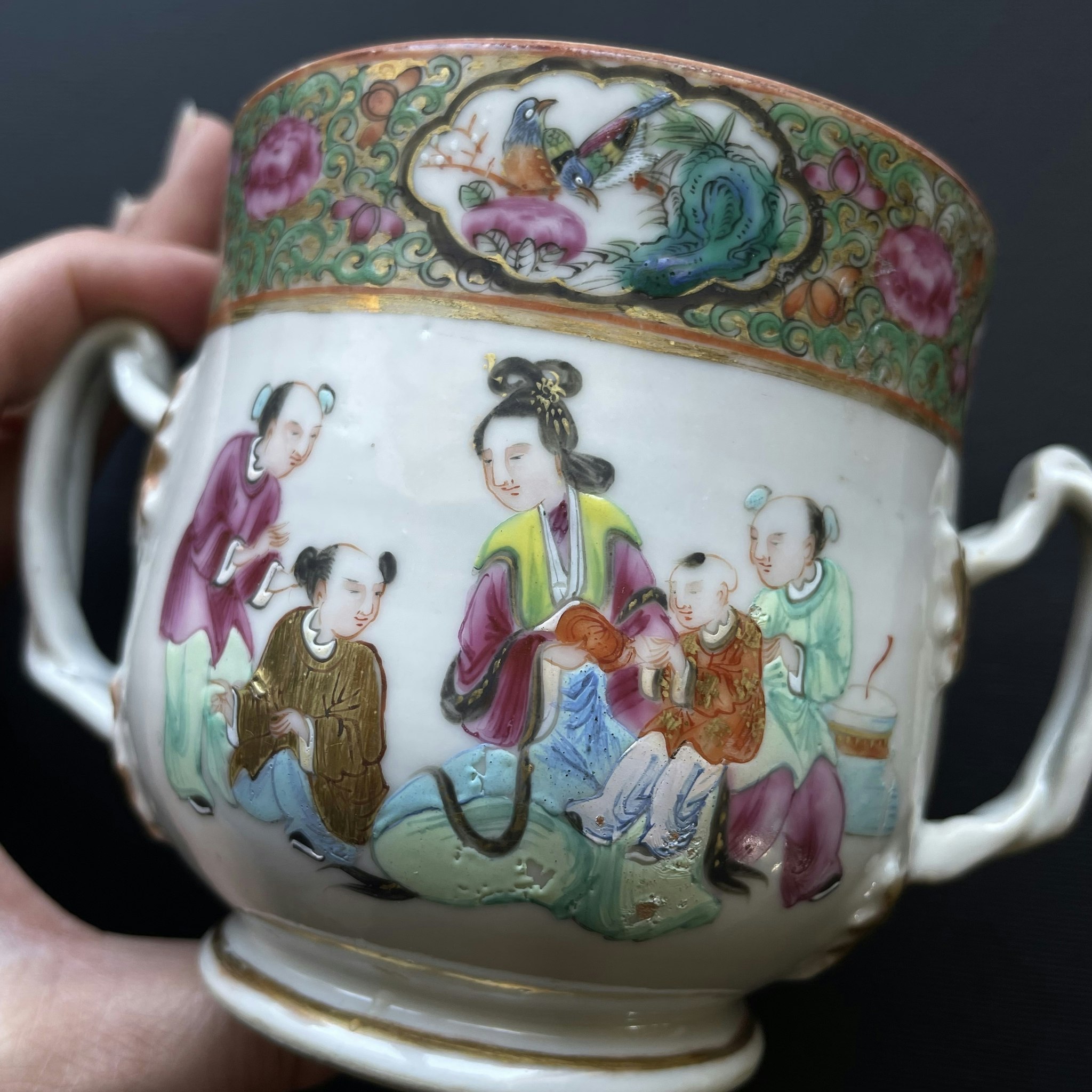 Antique Chinese rose mandarin sugar bowl with lid, Daoguang period #1060