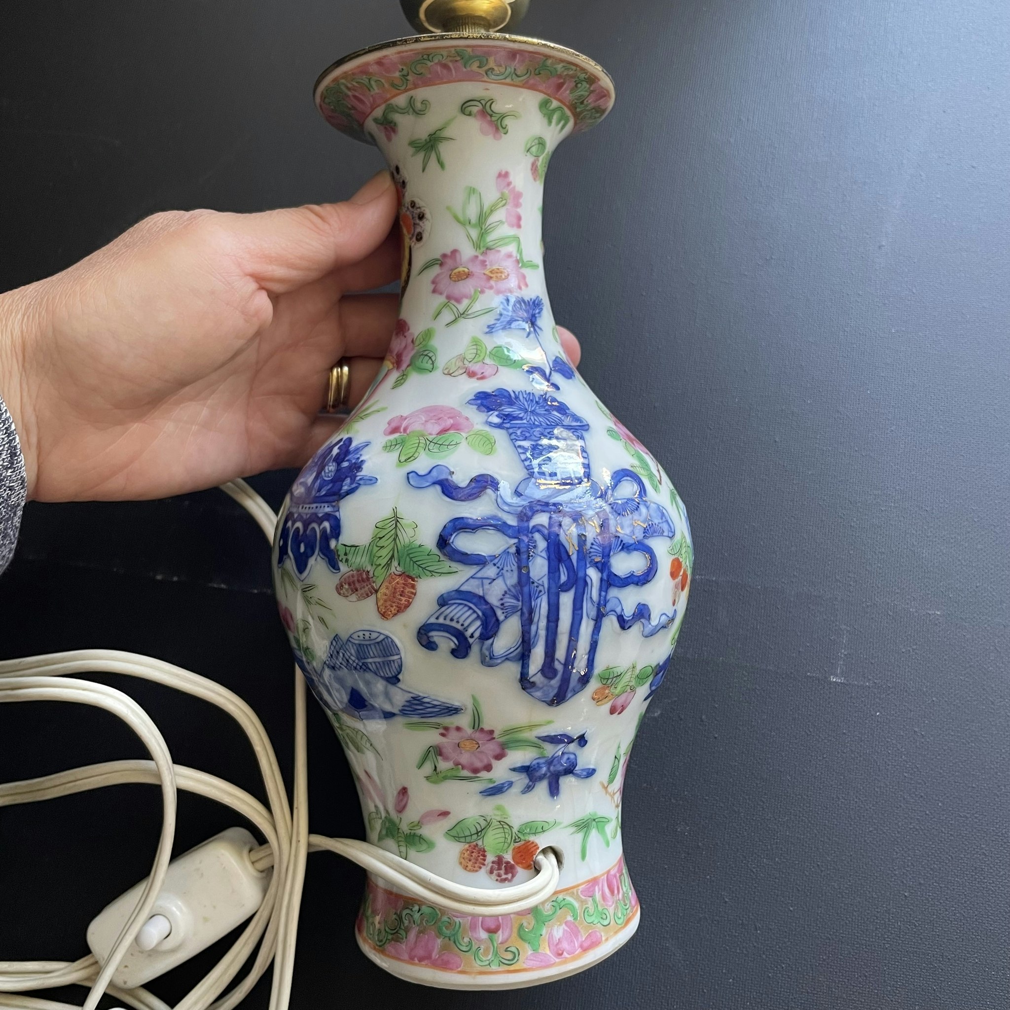 Antique Chinese rose mandarin crackle ware Geyao vase Lamp 19th century #1150