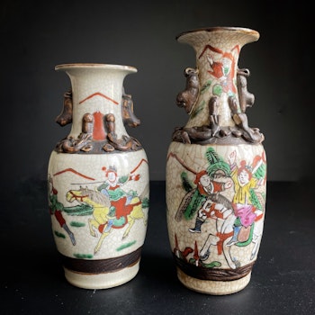 Two Chinese Nanking crackleware vases w warriors Late Qing/Republic #866, #1151