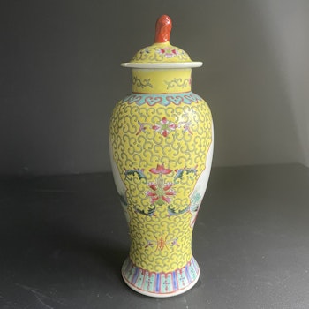 Chinese famille jaune Porcelain lidded vase mid 1900s PRC #1159