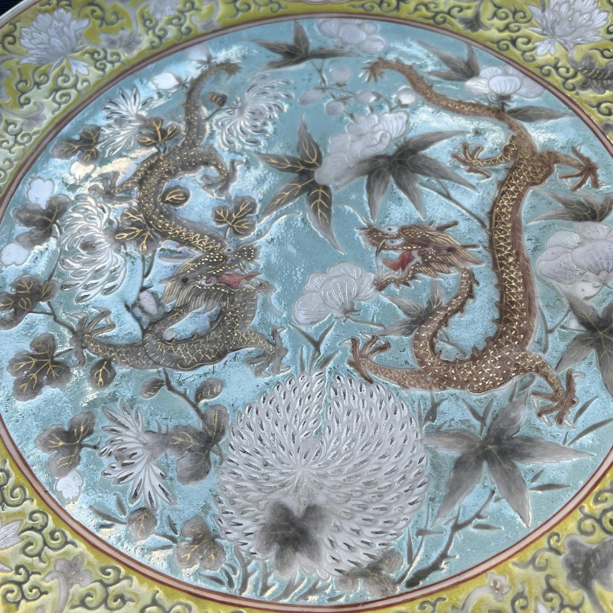 Antique Chinese turquoise ground Dragon plate, Dayazhai-style Late Qing #1229