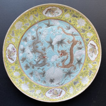Antique Chinese turquoise ground Dragon plate, Dayazhai-style Late Qing #1229