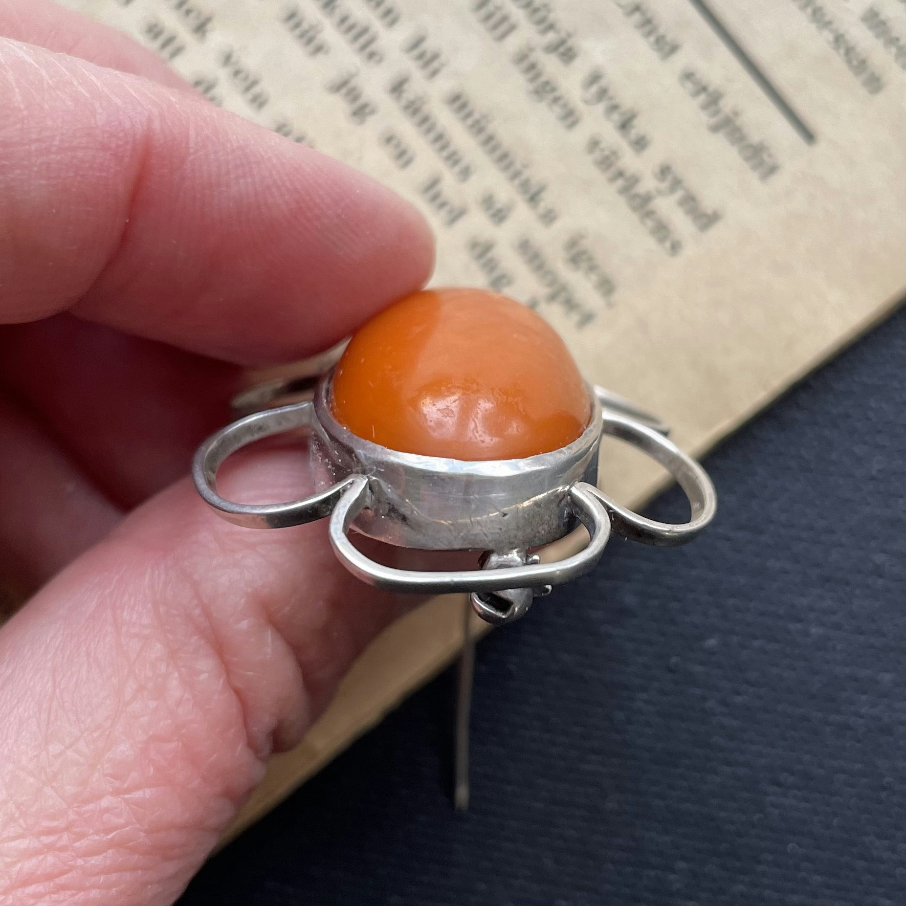 Antique Silver Brooch With Baltic Amber, Egg Yolk, Butterscotch 1940-1950