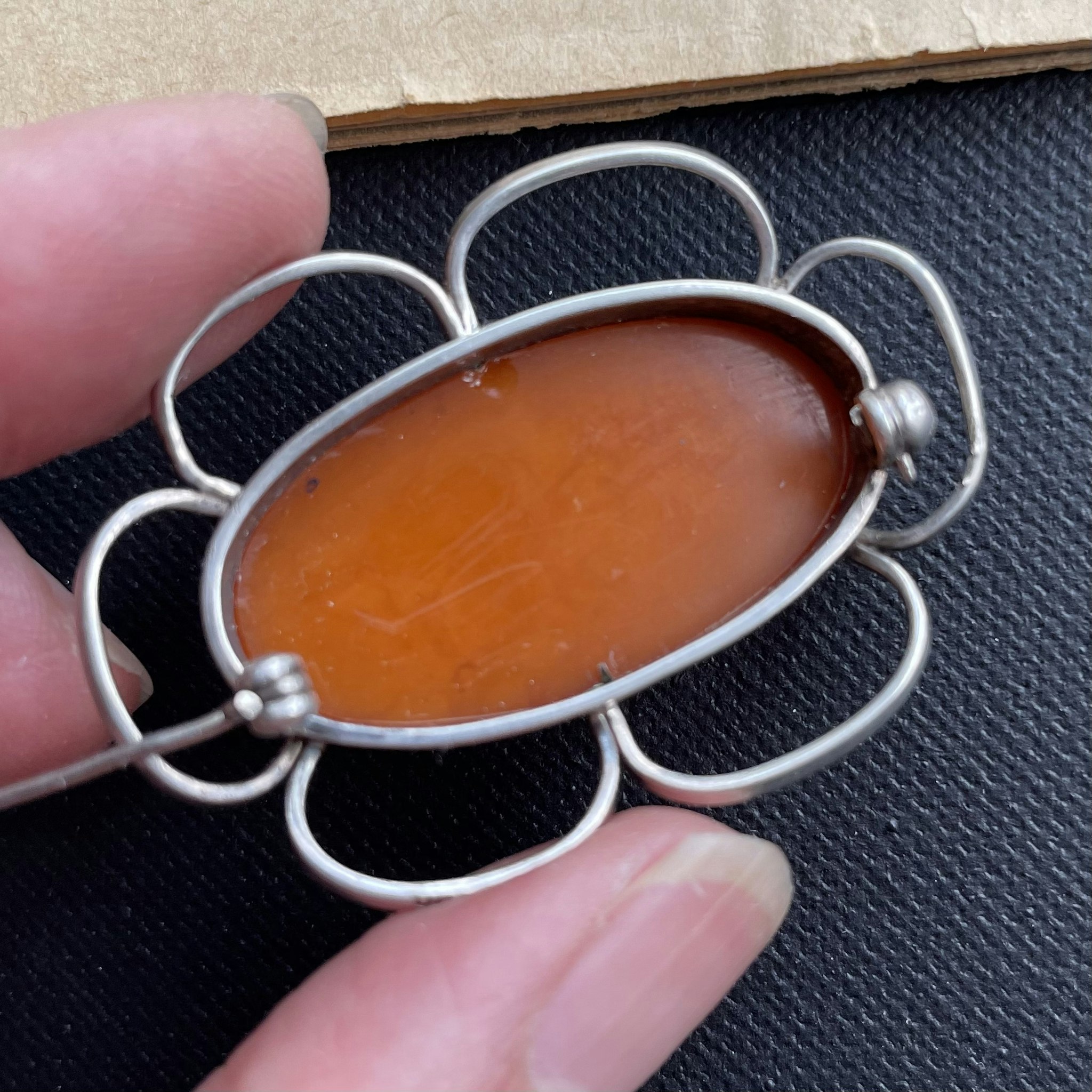 Antique Silver Brooch With Baltic Amber, Egg Yolk, Butterscotch 1940-1950