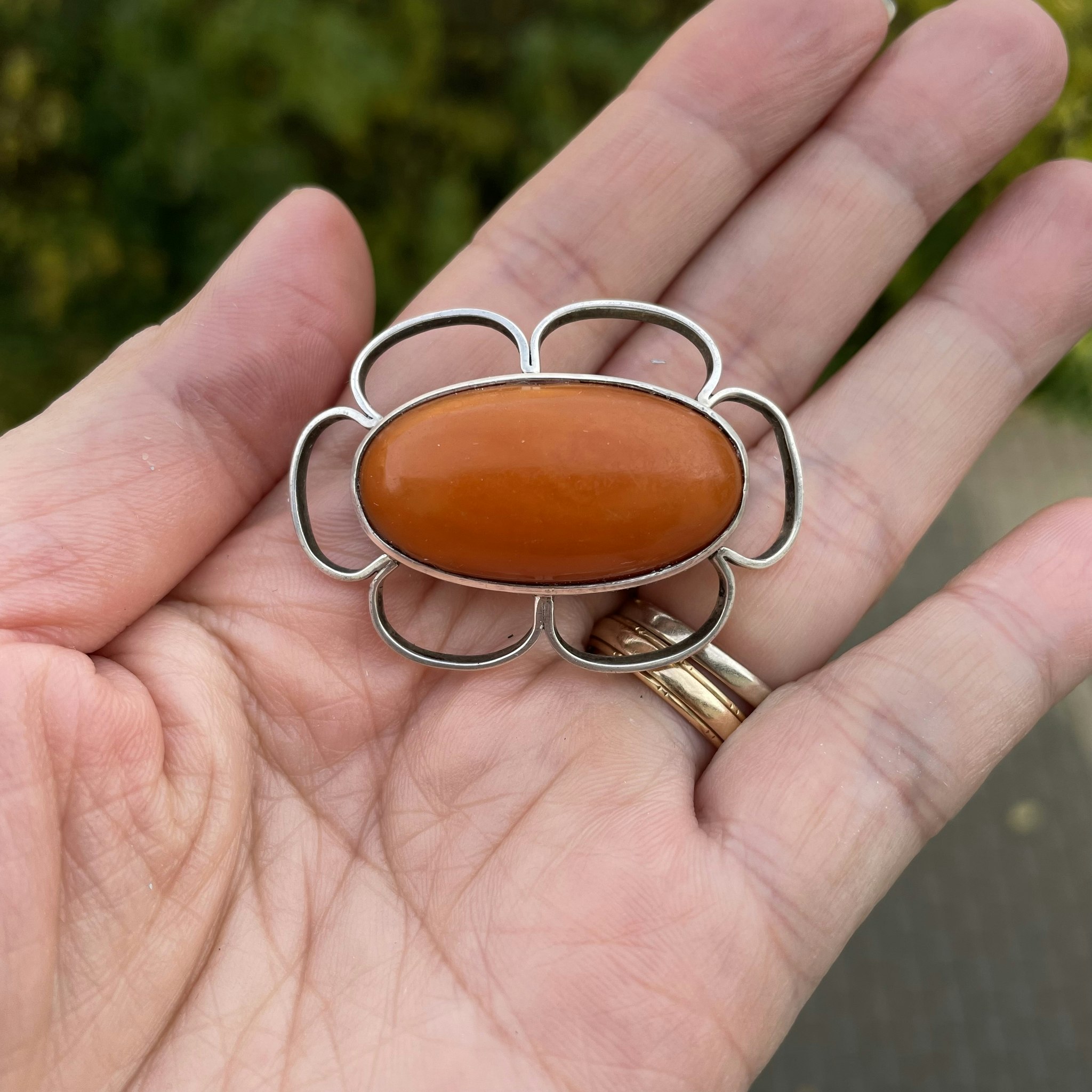 Antique Silver Brooch With Baltic Amber, Egg Yolk, Butterscotch 1940-1950