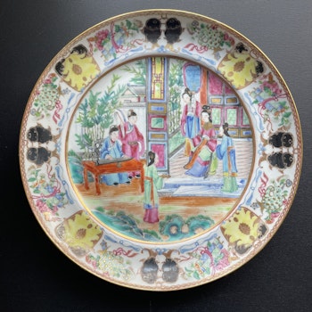 Antique Chinese rose mandarin canton plate with fish border 19th c #1276