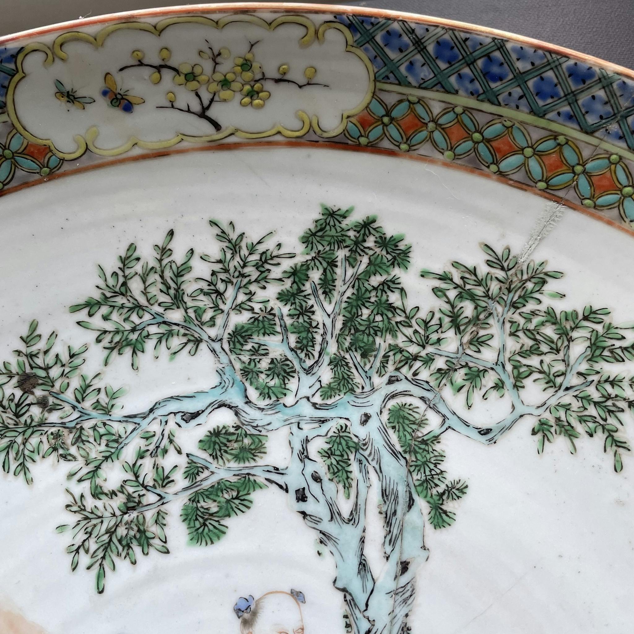 Antique Chinese Famille verte wucai charger, Qing Dynasty 19th c #1278