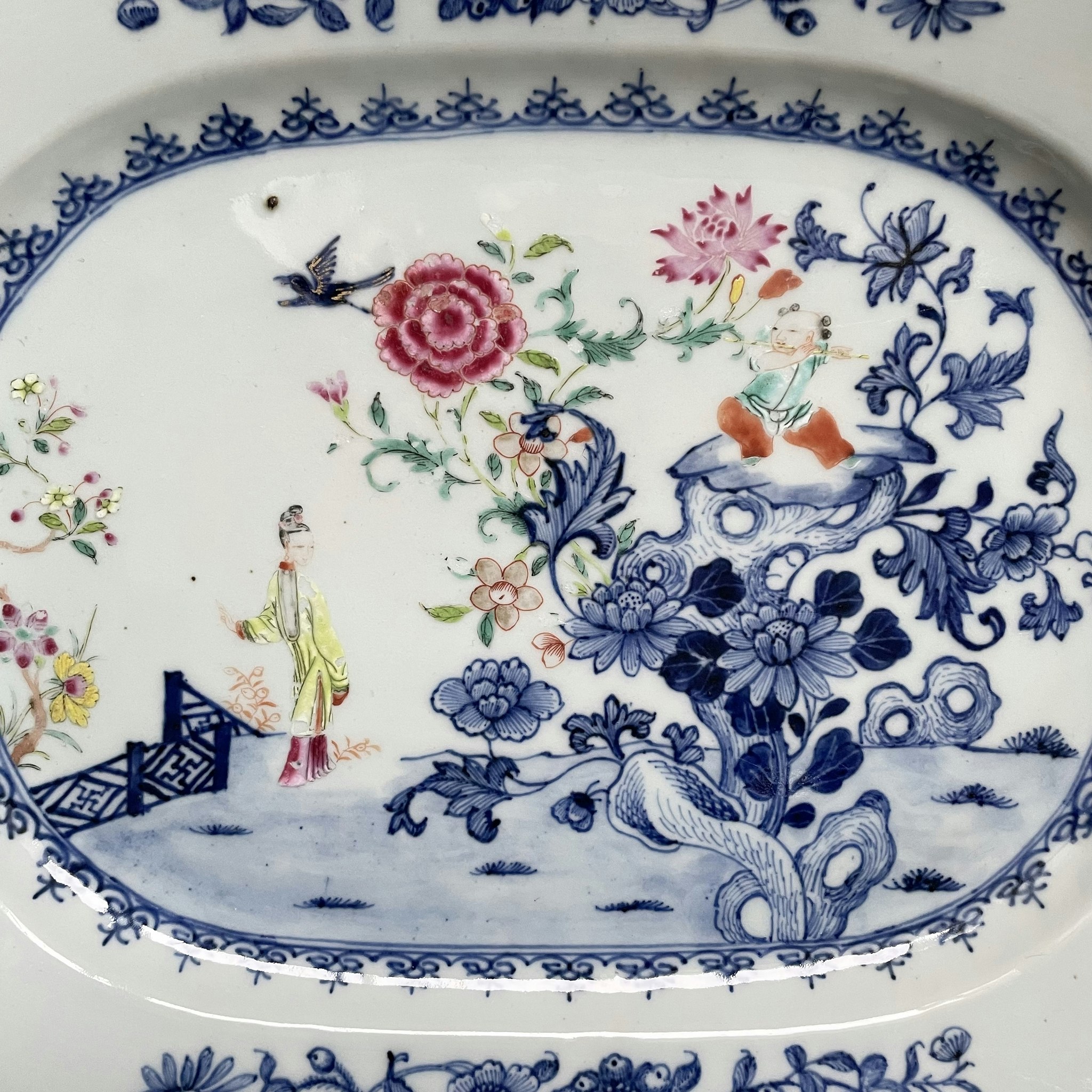 Antique Chinese platter, Blue & White with famille rose details, Qianlong #1291