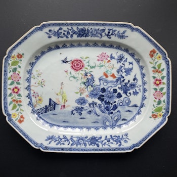 Antique Chinese platter, Blue & White with famille rose details, Qianlong #1291