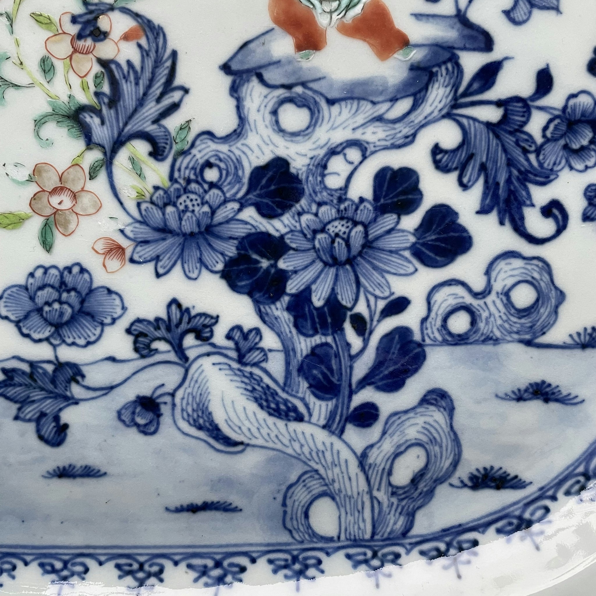 Antique Chinese platter, Blue & White with famille rose details, Qianlong #1291