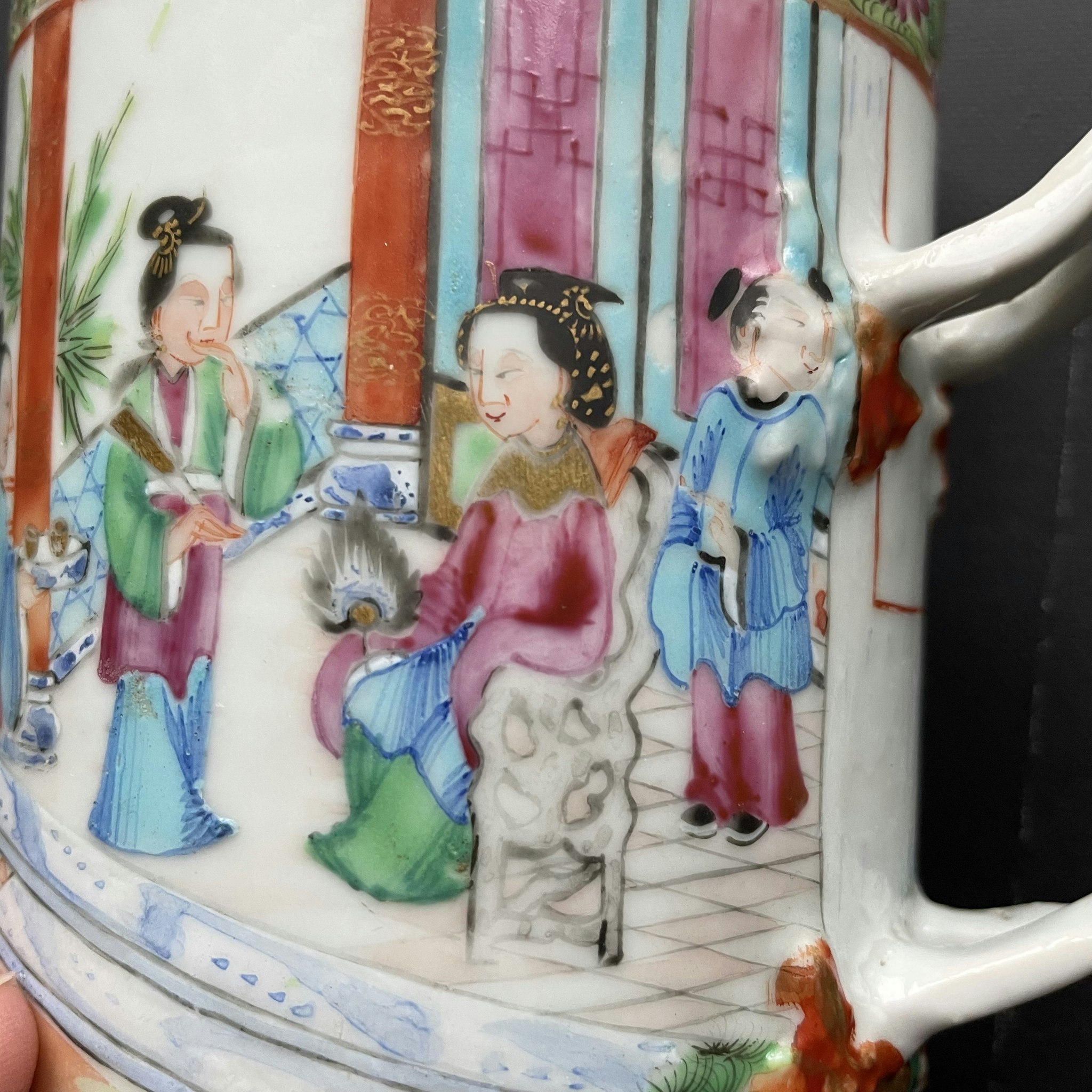 Antique Chinese Rose Mandarin Export Porcelain Tankard / Jug 19th Century #1295