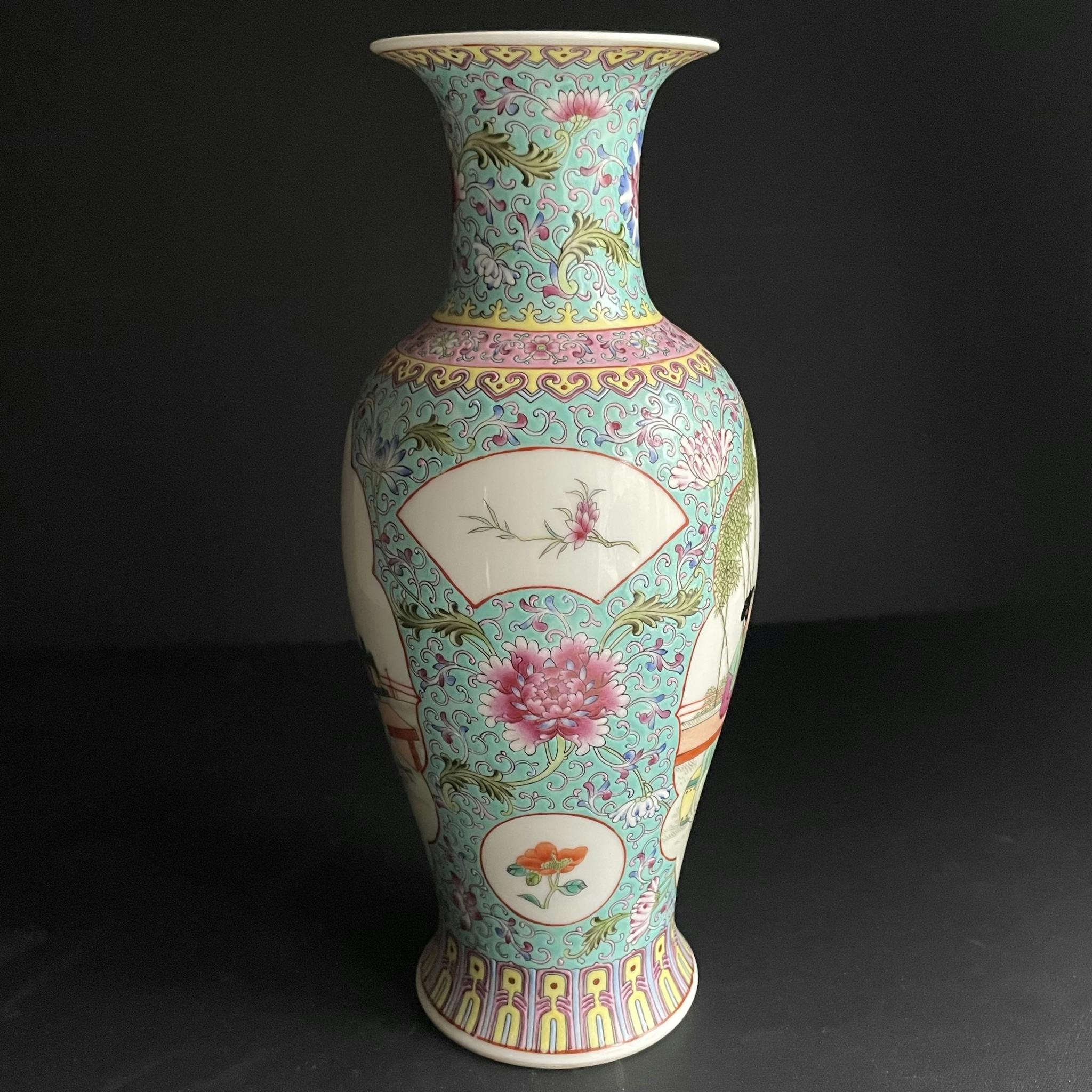 A vintage turquoise ground Chinese famille rose vase 1950-1970's #1296