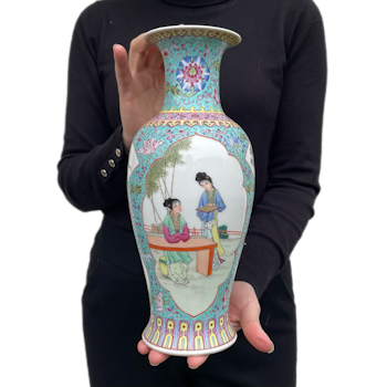 Vintage turquoise ground Chinese famille rose vase 1960-1970's #1296