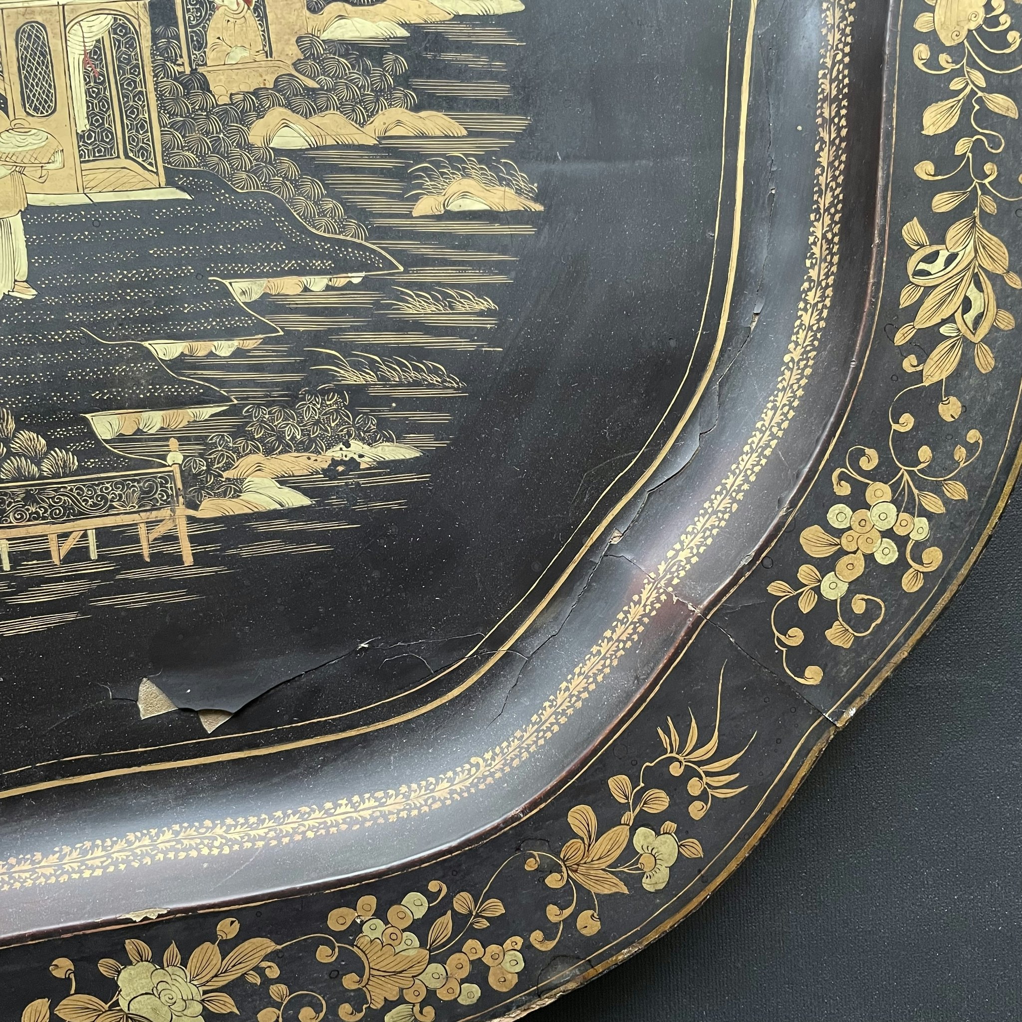 Antique Chinese Large Black Lacquered export Tray Hand Painted 19th c #1309