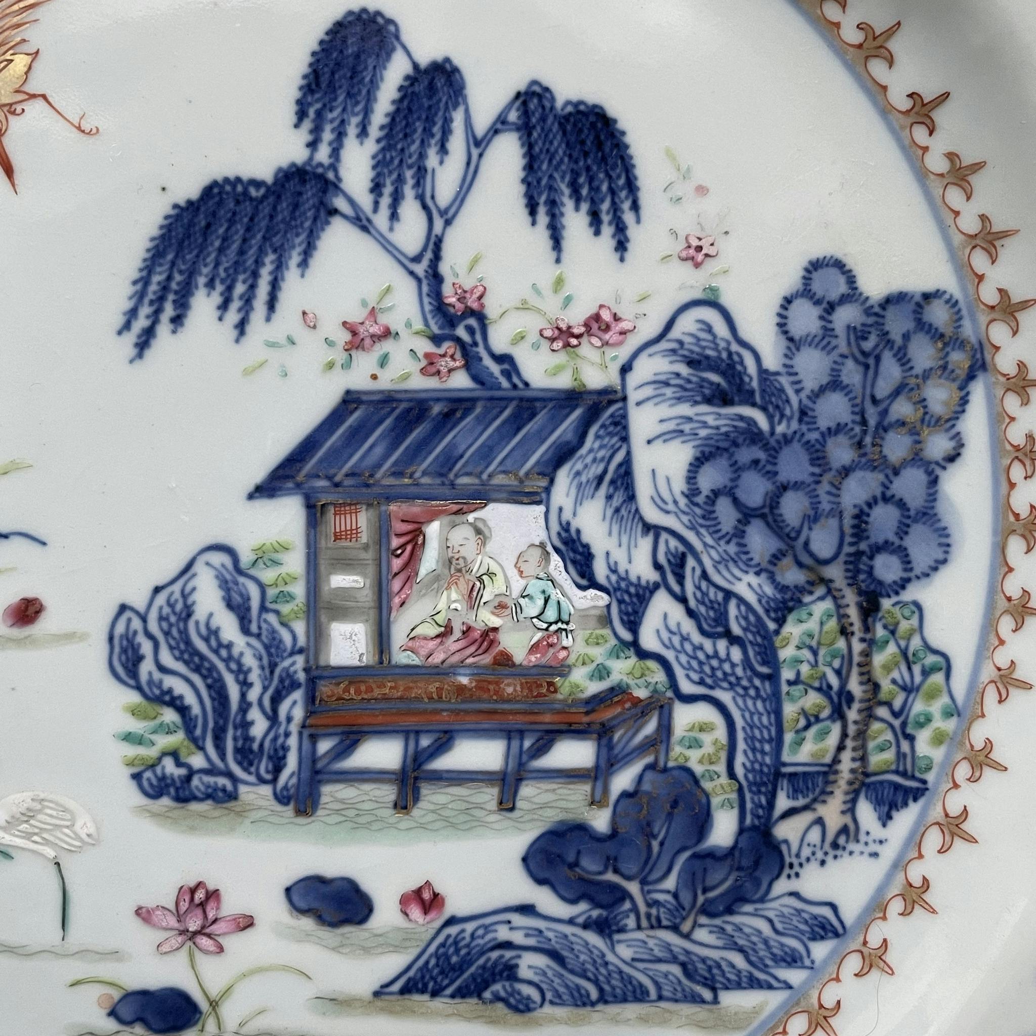 Antique Chinese underglazed blue charger with famille rose, 18th c, Qing #1308