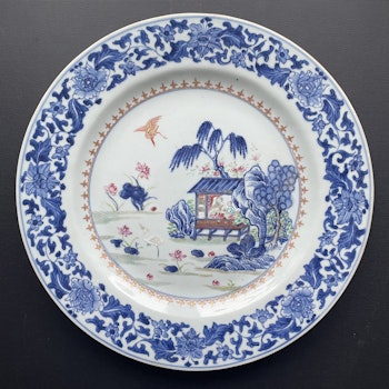 Antique Chinese underglazed blue charger with famille rose, 18th c, Qing #1308