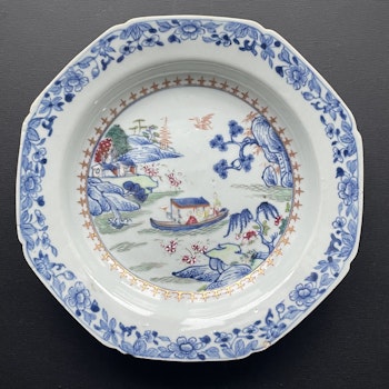 Antique Chinese underglazed blue plate with Famille Rose, Qianlong, Qing #1301