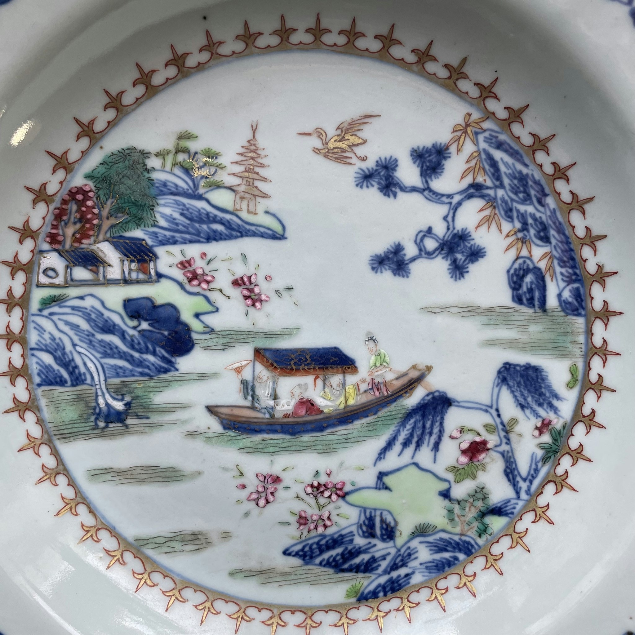 Antique Chinese underglazed blue plate with Famille Rose, Qianlong, Qing #1307