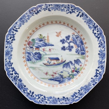Antique Chinese underglazed blue plate with Famille Rose, Qianlong, Qing #1302