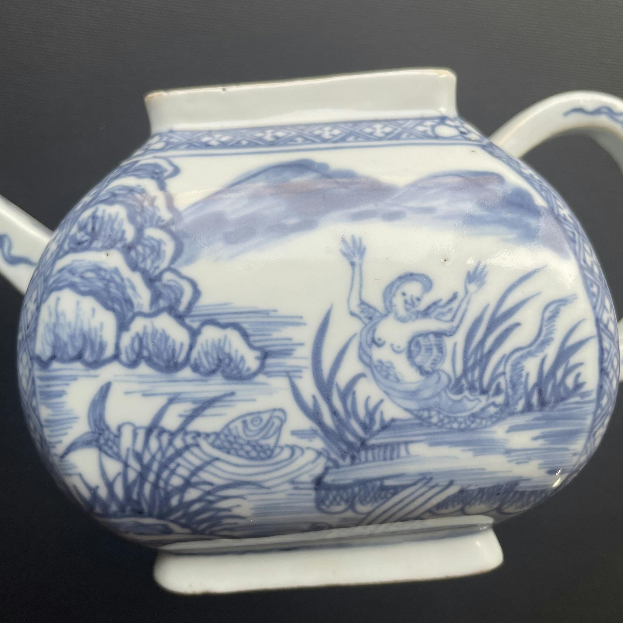 Antique Chinese square blue and white teapot, Mermaid decor, Kangxi, 18th c #1345