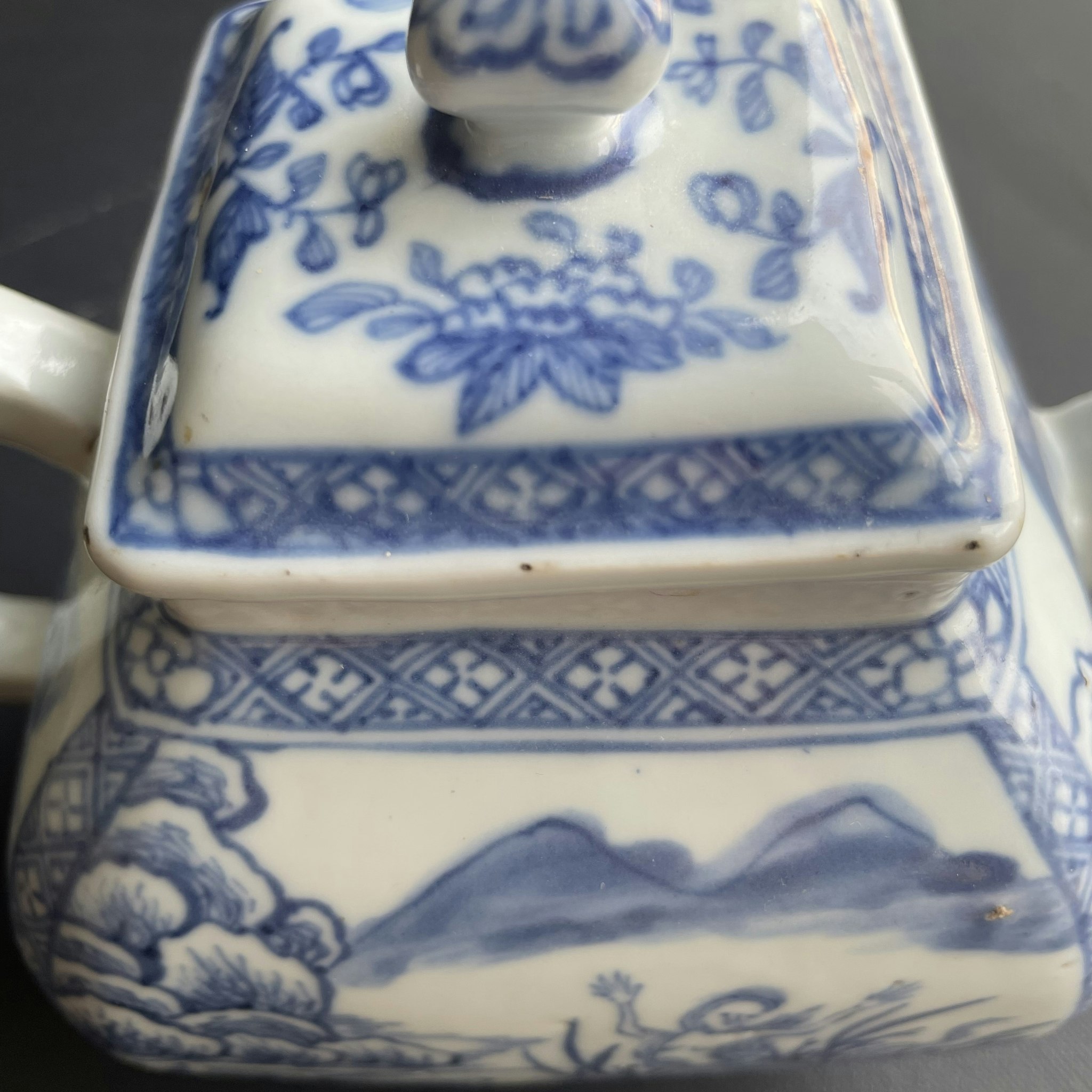 Antique Chinese square blue and white teapot, Mermaid decor, Kangxi, 18th c #1345