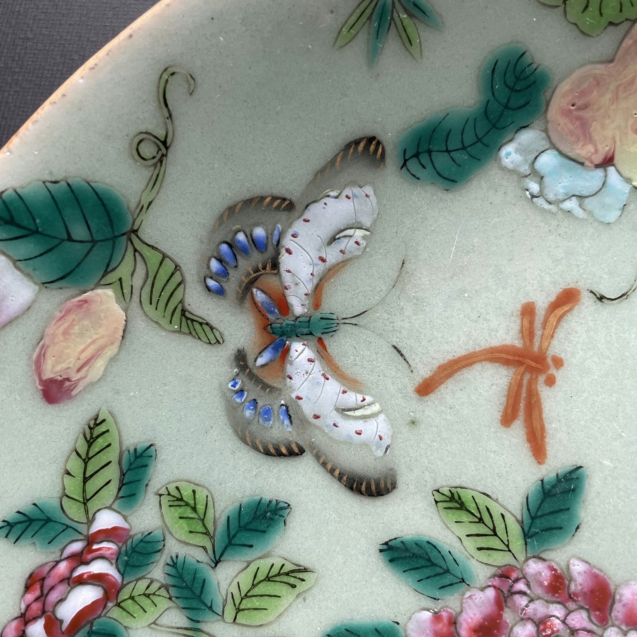 Antique Chinese celadon plate canton butterfly, 19th c, #1356