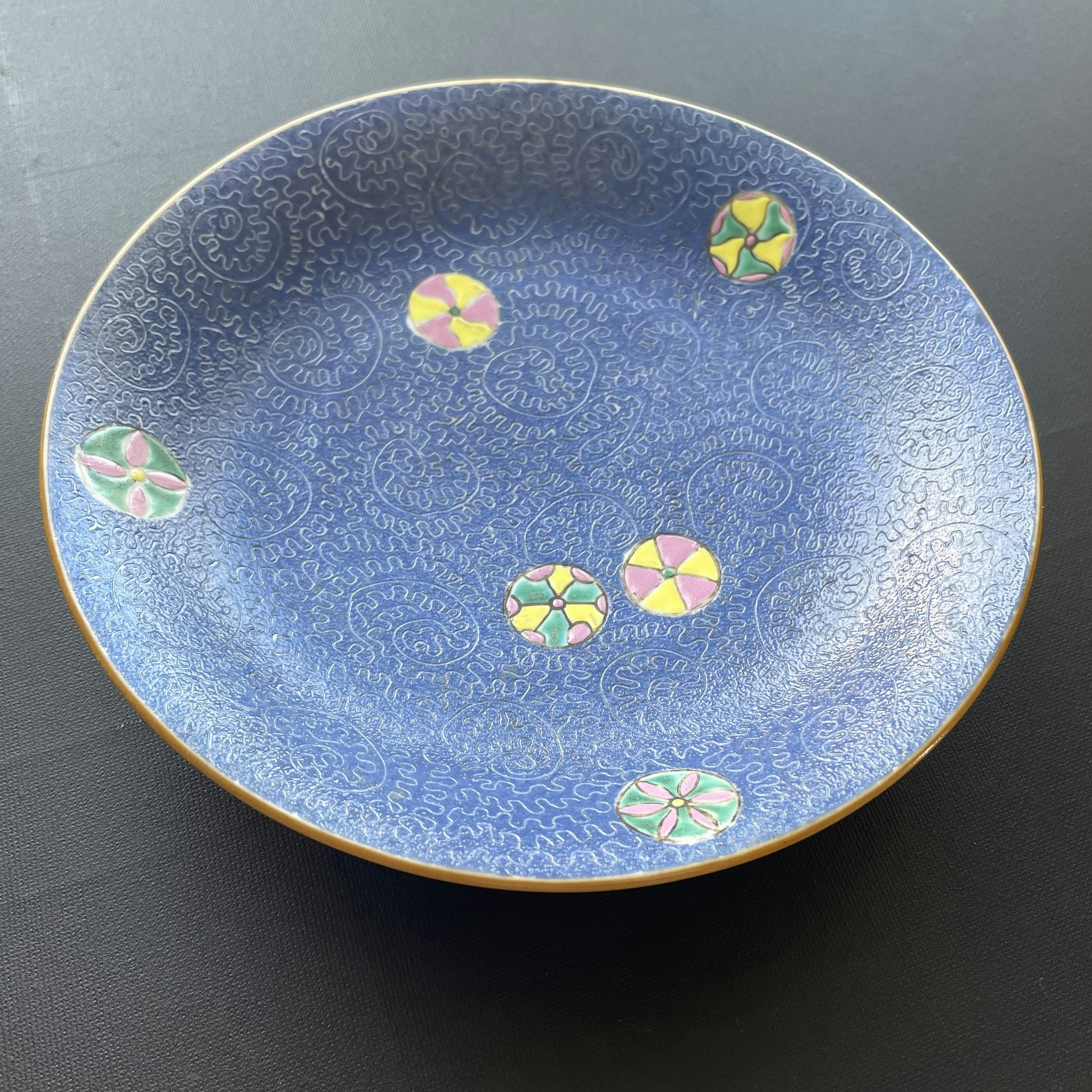 Antique Chinese blue scraffito ground dish with flowerballs Qianlong M&P #1366