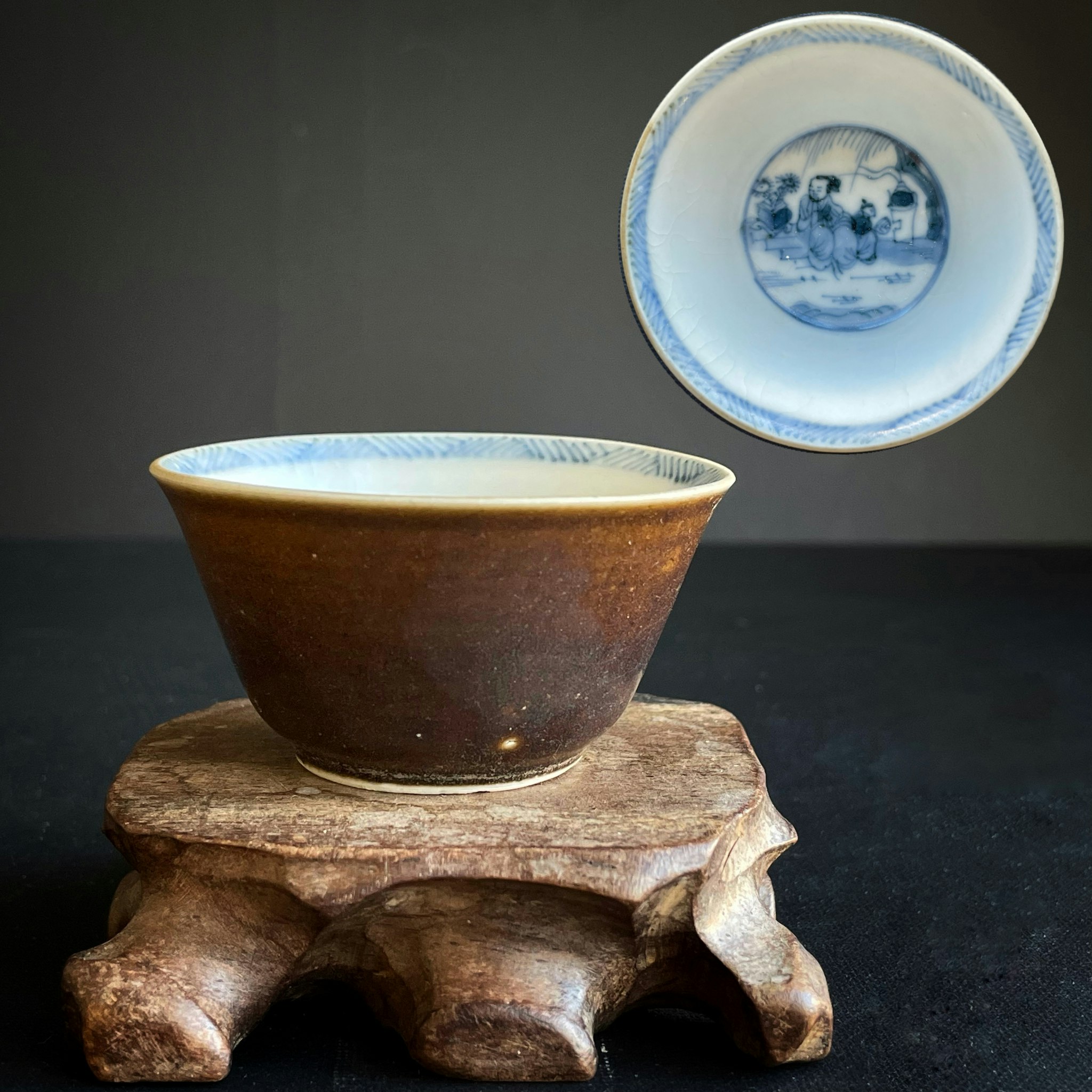 Antique Chinese blue and white batavia brown cup, Ca Mau Yongzheng Period #1359