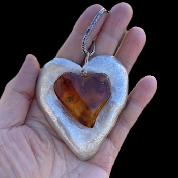 Unique Scandinavian design sterling silver pendent heart with baltic amber huge