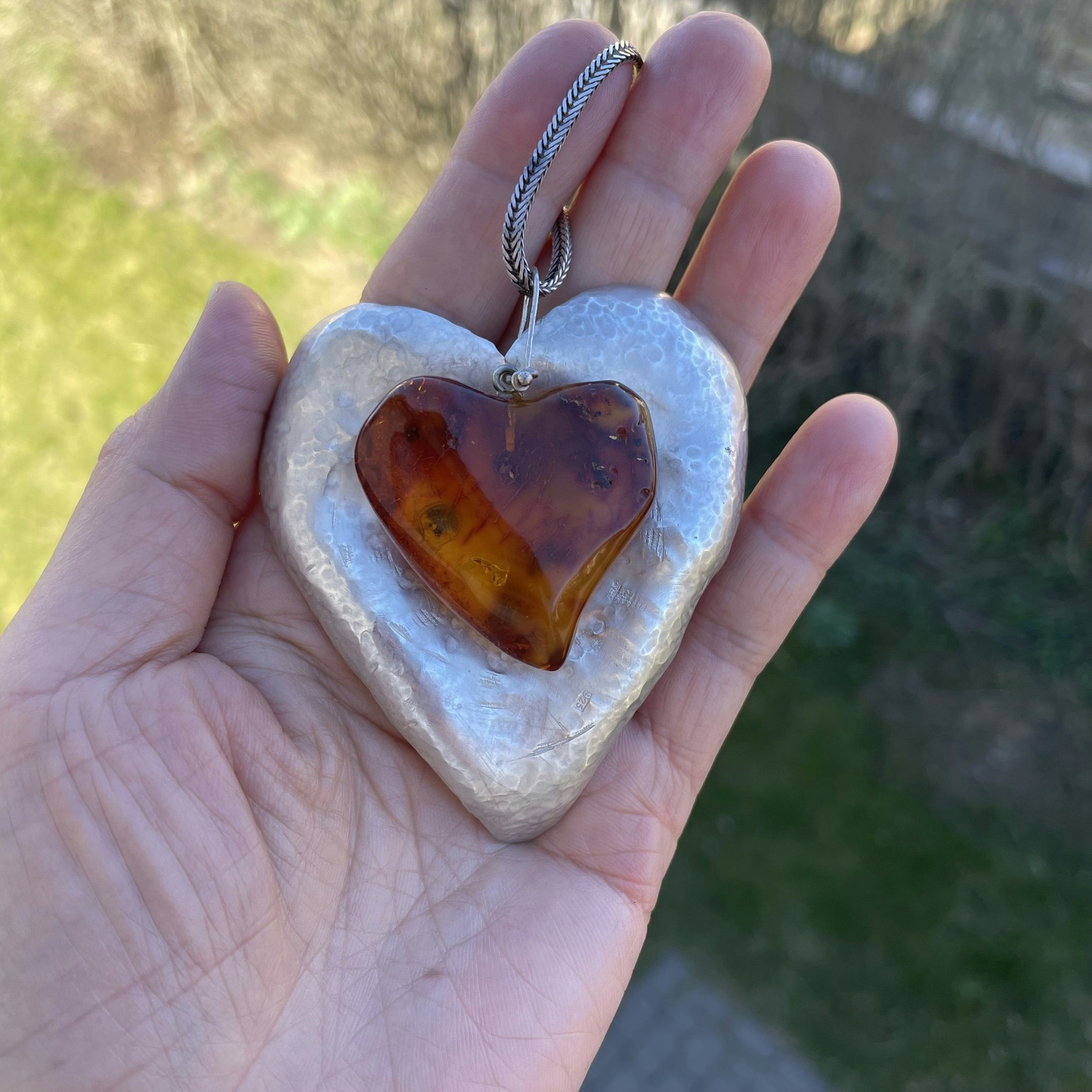 Unique Scandinavian design sterling silver pendent heart with baltic amber huge