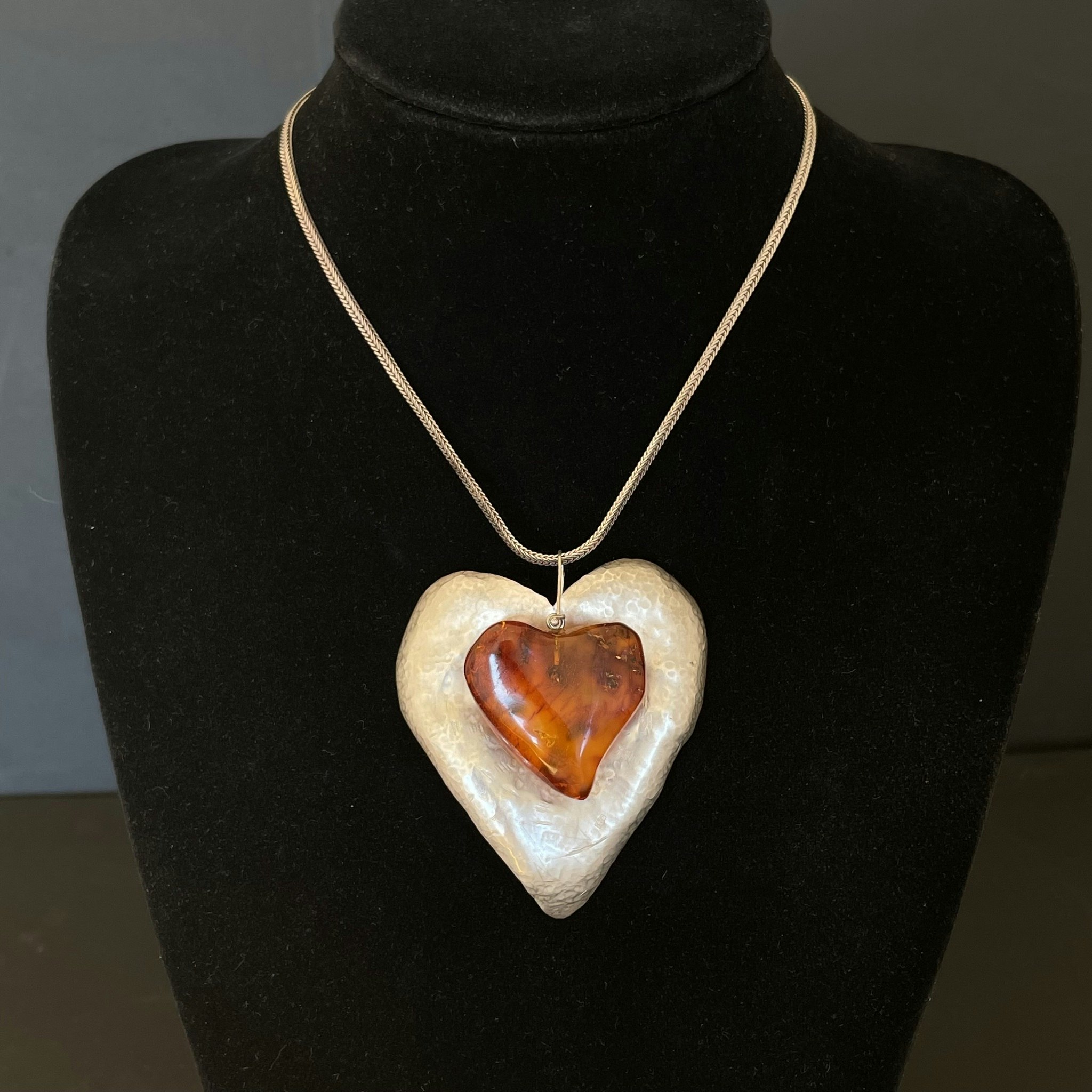 Unique Scandinavian design sterling silver pendent heart with baltic amber huge