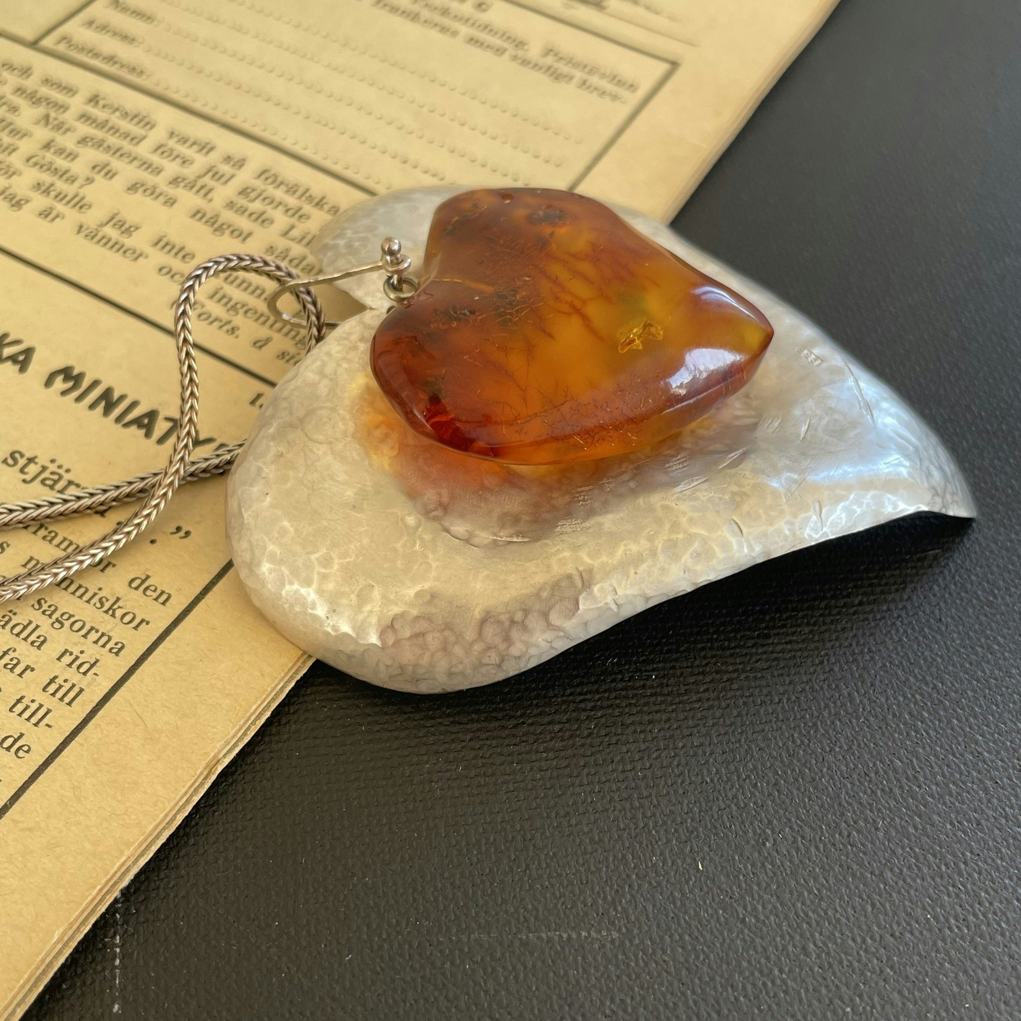 Unique Scandinavian design sterling silver pendent heart with baltic amber huge