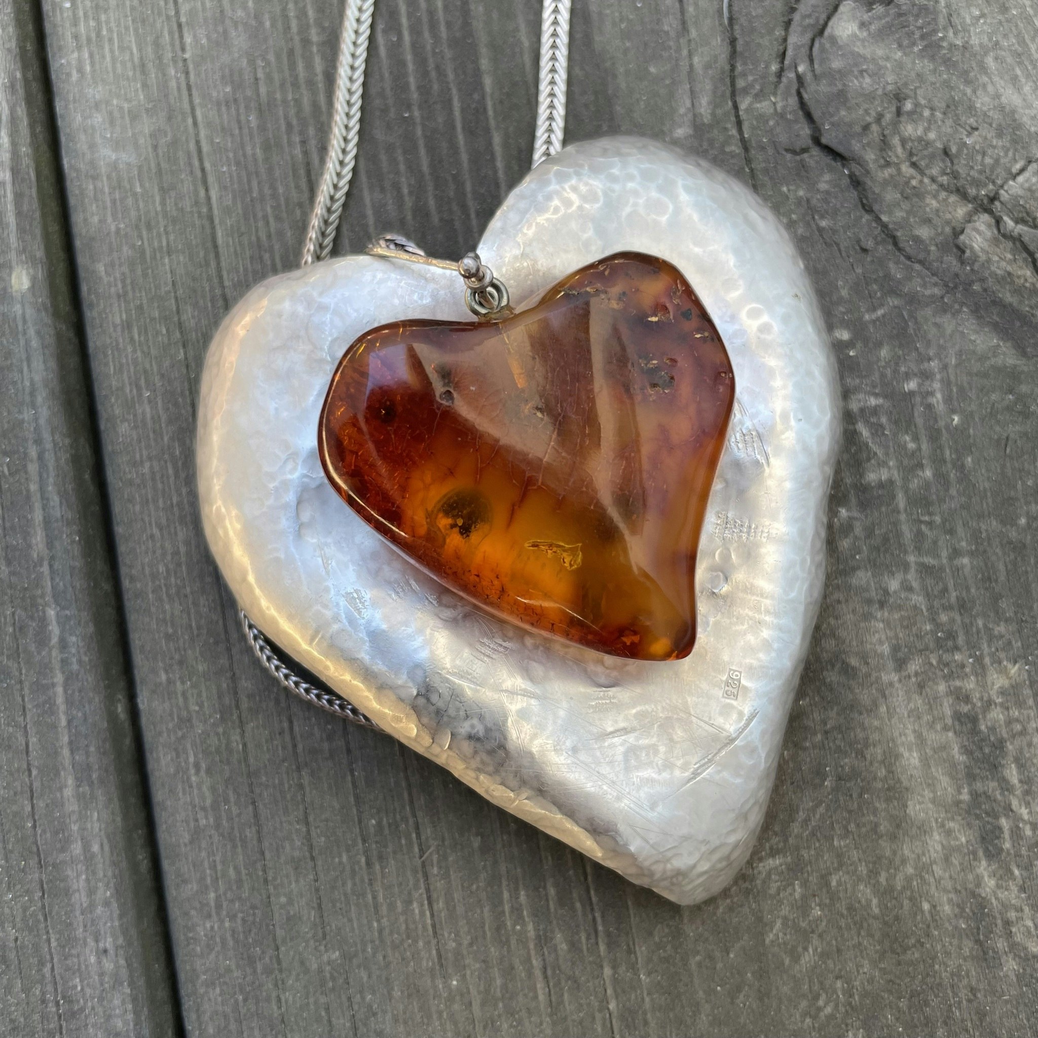 Unique Scandinavian design sterling silver pendent heart with baltic amber huge