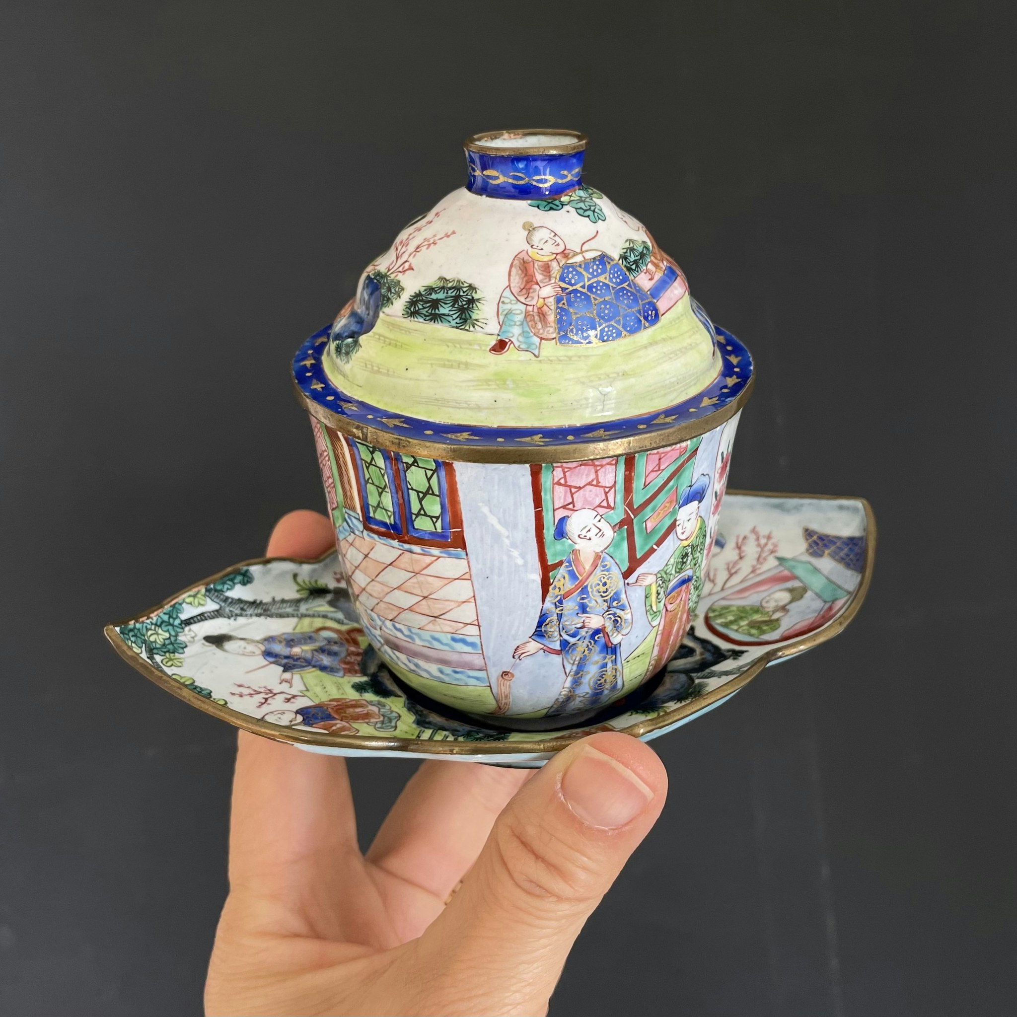 Antique Chinese Canton Hand Painted Enamel teacup with saucer, 19th c #1466
