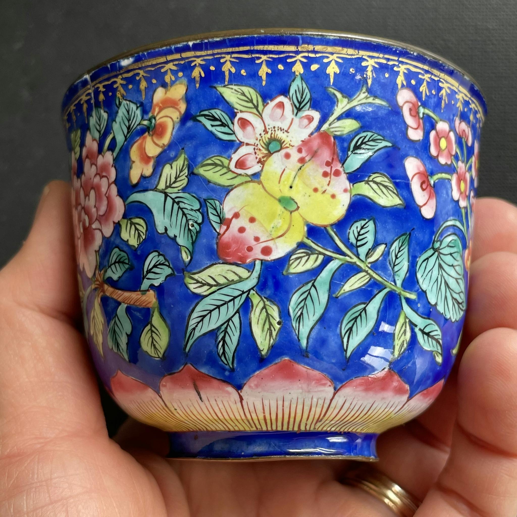 Antique Chinese Canton Hand Painted Enamel teacup with saucer, 19th c #1467
