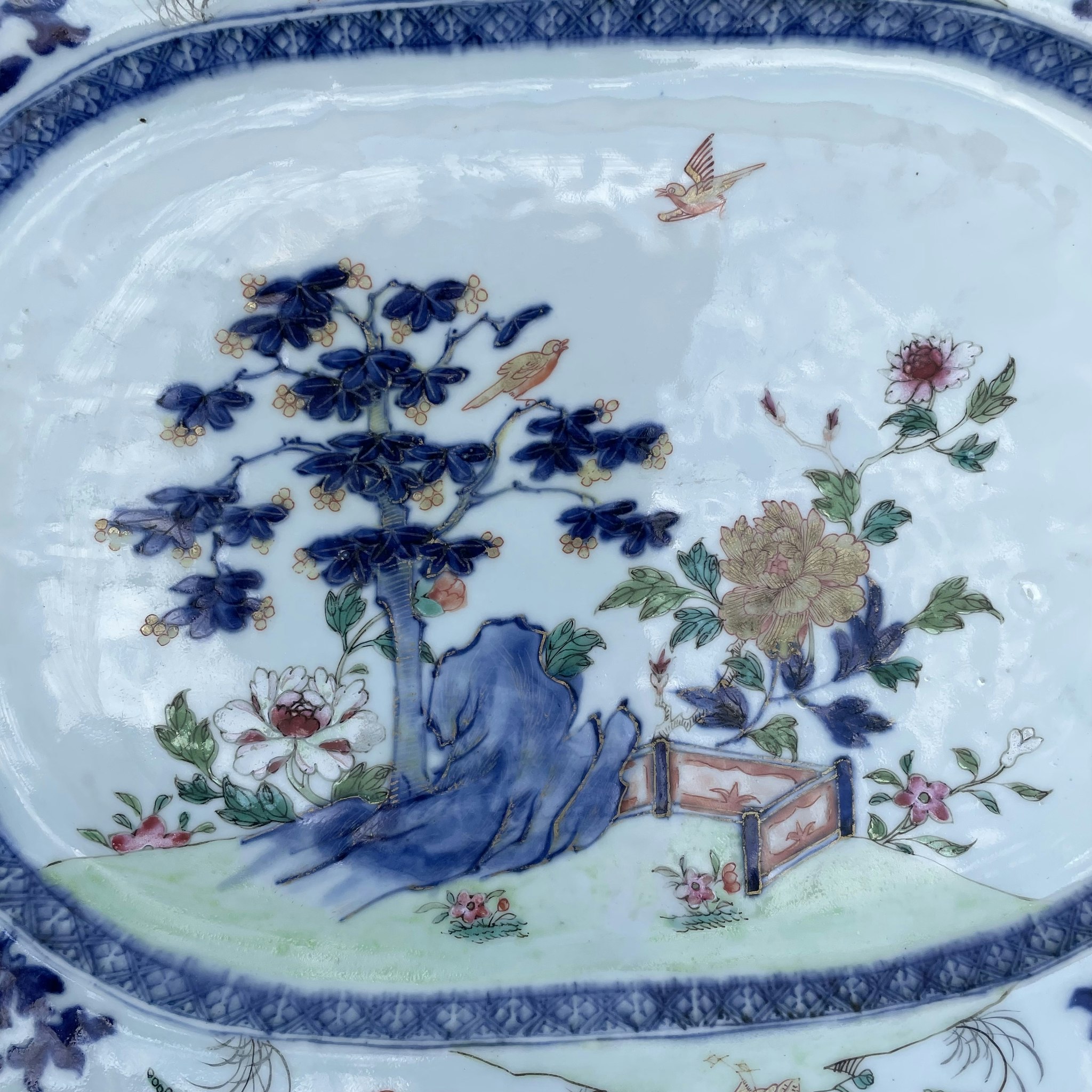 Chinese underglazed blue and white famille rose platter, 18th c Qianlong #1490